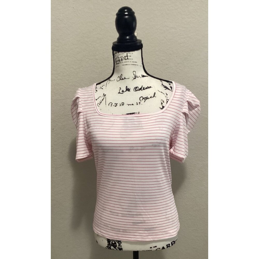 Shein Pink & White Striped Square Neck Short Sleeve Top W/Ruffle Details Size XL